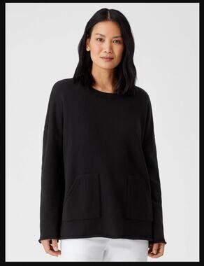 Eileen Fisher Organic Cotton French Terry Boxy Tunic Sweatshirt Black 2 Pocket L